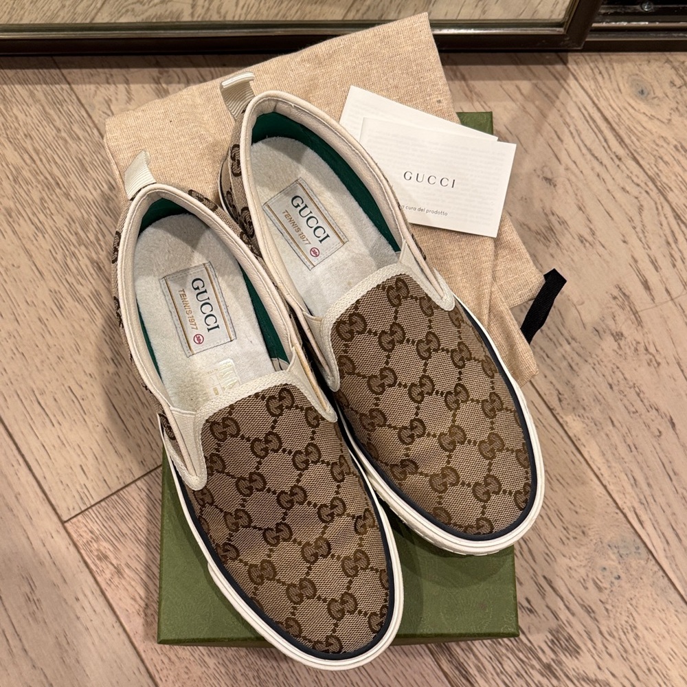 Gucci Monogram Brown Slip-On Sneakers - Picture 1 of 7